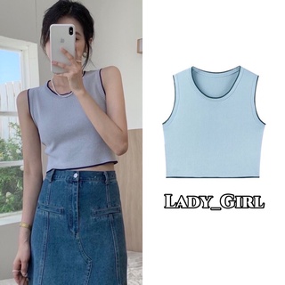 Lady_Girl⚡️651/AG.E#เสื้อแฟชั่นแขนกุดแต่งขอบสี#เสื้อครอปเอวลอยเนื้อผ้าไหมพรม