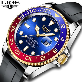 LIGE แบรนด์หรูผู้ชายนาฬิกากันน้ำอัตโนมัติวันที่นาฬิกาสำหรับผู้ชายสายซิลิโคนกีฬานาฬิกาข้อมือควอตซ์