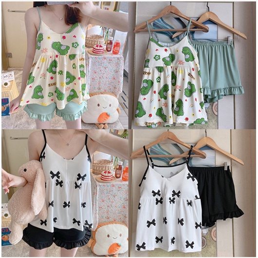 (ราคาถูกที่สุด)ชุดนอนสตรีฤดูร้อน，ผ้าคอตตอนใส่สบาย，เซ็กซี่และน่ารัก，ชุด 3 ชิ้น，เสื้อ + ขาสั้น + แผ่นอก，M-2XL