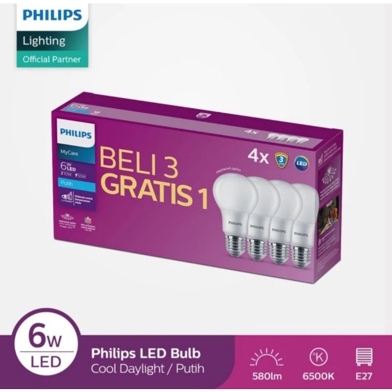 Philips Multipack หลอดไฟ LED 3+1 Cool Daylight 6Watt, 8Watt, 10 วัตต์, 12 วัตต์