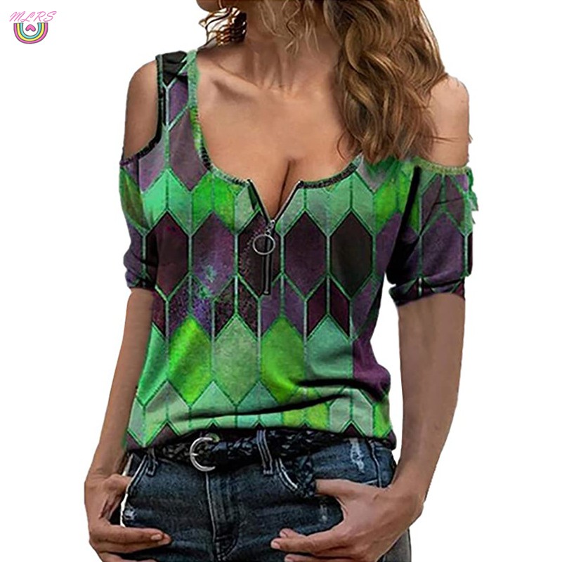 MS Women's V Neck Zipper Tops Cold Shoulder Short Sleeve Tunic T Shirts ...