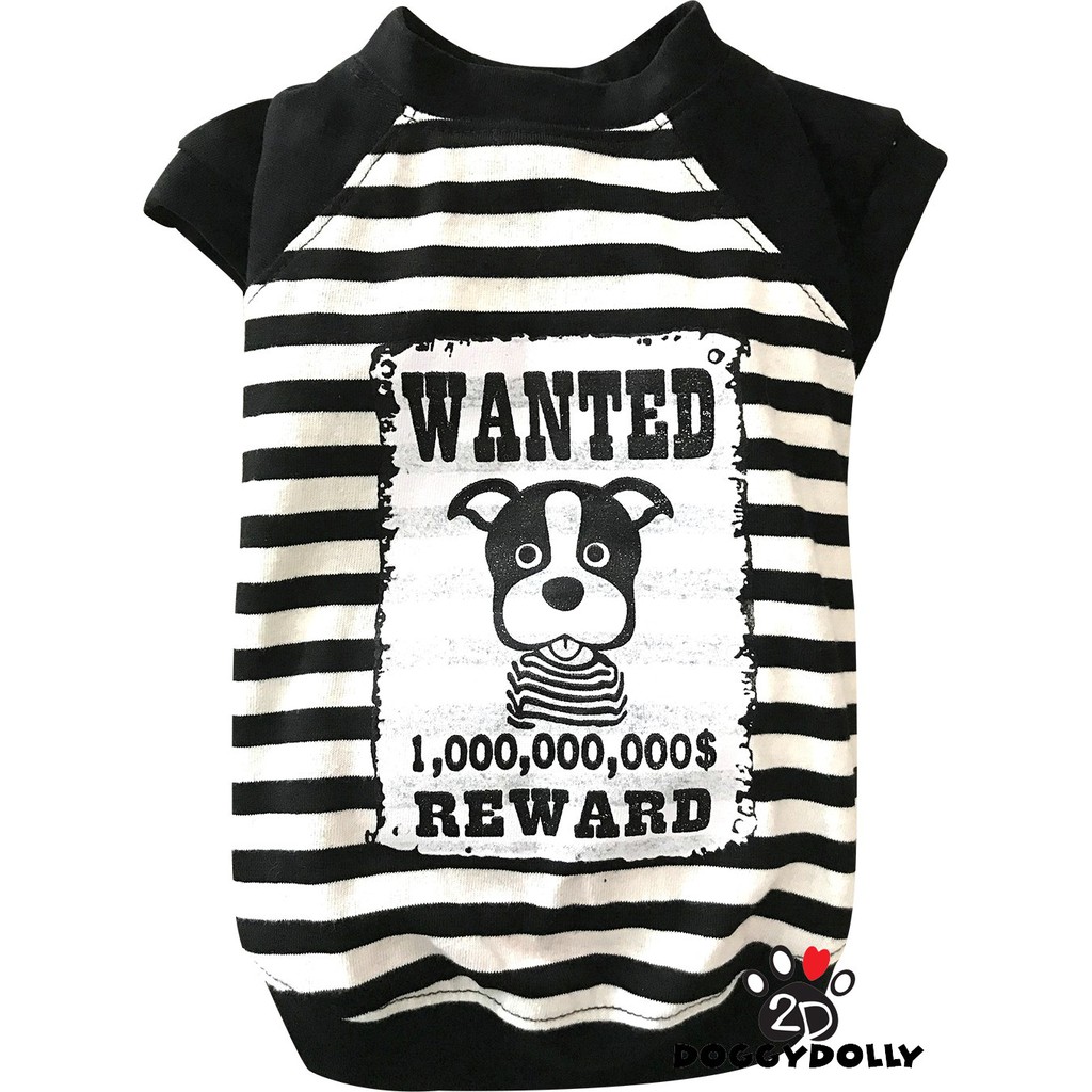 Petcloths -Doggydolly เสื้อผ้าแฟชั่น สัตว์เลี้ยง หมาแมว คอกลม สีดำขาวลายทาง นักโทษ wanted ขนาดไซส์ 1-9 โล -T620