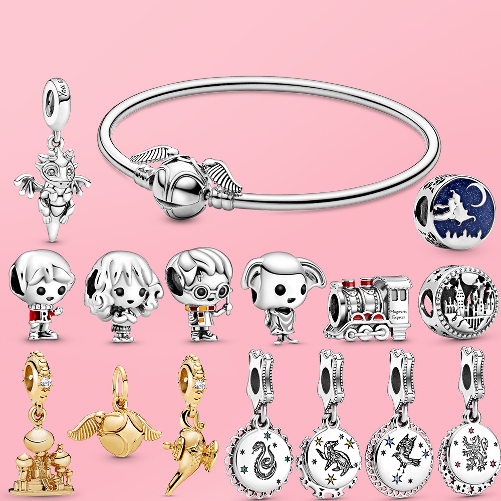 Dinglly HB Charm Hogwarts School Hufflepuff Ravenclaw Slytherin จี้ Golden Snitch ปราสาทลูกปัดสร้อยข้อมือ