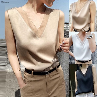 เสื้อกล้ามเสื้อยืดคอวีผ้าซาตินผ้าไหม Ol สง่างามสําหรับผู้หญิง