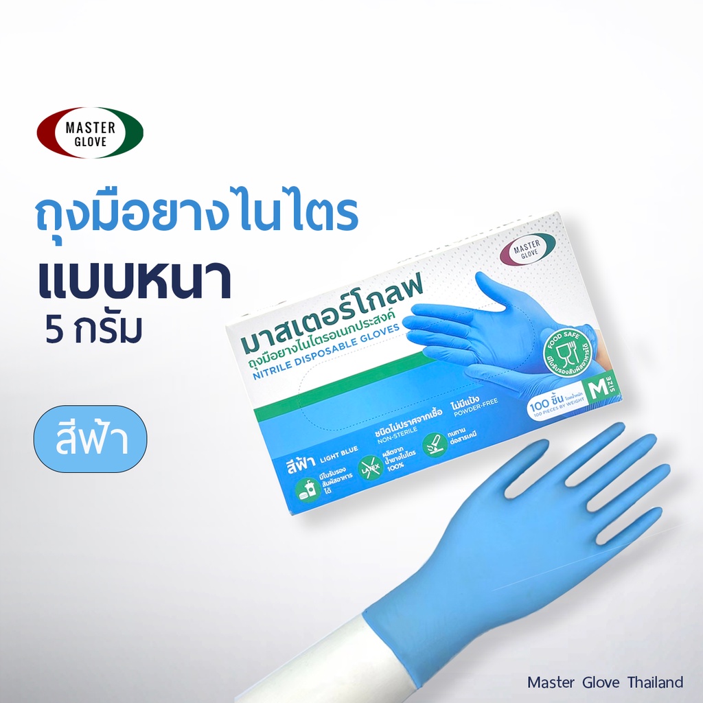 ถุงมือไนไตร สีฟ้า หนา 5.0 รุ่นหนาพิเศษ ทนเคมี ไม่มีแป้ง (Food Safe) 100