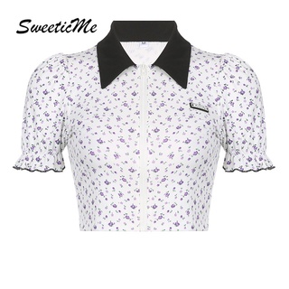 Sweeticme เสื้อคาร์ดิแกน แขนสั้น คอปก แต่งซิป พิมพ์ลายดอกไม้ สีตัดกัน สําหรับผู้หญิง 2022