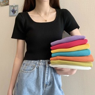 🔥ราคาถูกที่สุด🔥เสื้อครอปไหมพรมสีพื้น 8 สี แขนสั้นทรงคอกว้าง