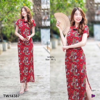 ME14387 Maxi Dress เดรสกี่เพ้ายาว แขนสั้น ติดกระดุมจีนด้านหน้า ตัวยาวผ่าด้านข้าง 1 ข้าง มีซิปซ่อนด้านหลัง งานผ้าไหมญี่ปุ