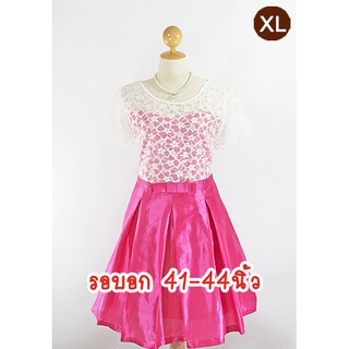 E2244-1-XL-ชุดเดรสคนอ้วน สีชมพูบานเย็น ผ้าลูกไม้สีขาวและผ้าไหมเทียม มีแขน กระโปรงจับจีบทวีส