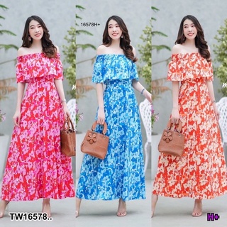 🌸🏖เดรสเที่ยว ไปทะเล Maxi dress ระบายเปิดไหล่ลายดอกไม้สีสันสดใส มีสม๊อครอบไหล่ จะใส่แบบเปิดไหล่หรือคลุมไหล่ก้ได้