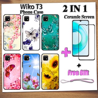 2 IN 1 Wiko T3 เคสโทรศัพท์ พร้อมกระจกนิรภัย เซรามิค ป้องกันหน้าจอ โค้ง ฟิล์มนิรภัย ผีเสื้อ