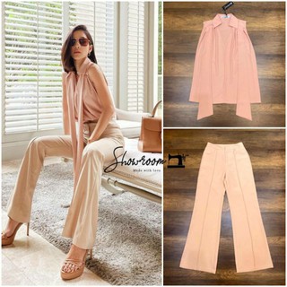Showroom Brand : Light Coral Series Co ord set เซ็ต2ชิ้น  เสื้อแขนกุดคอวีตัดต่อผ้ายาว2ข้างจากช่วงไหล่+ กางเกงขายาว