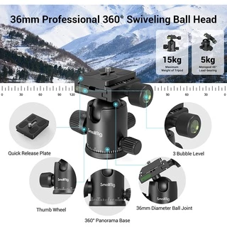 SmallRig กล้องขาตั้งกล้อง (ความสูง 180 ซม., 15 กก., น้ําหนัก 1.53 กก.) ,360°หัวบอล ถอดออกได้ ,ปรับความสูงจาก 16" ถึง 71" สําหรับกล้องและโทรศัพท์ 3935
