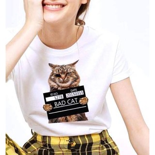 เสื้อยืดสีขาวทาสน้องหมาน้องแมว ลาย BAD CAT