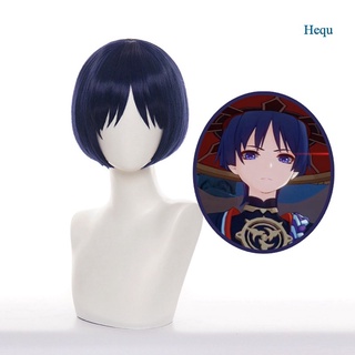 Hequth Anime Genshin Impact Scaramouche Dark Blue Short Wig Cosplay Heat Resistant Synthetic Hair Men Women Wigs