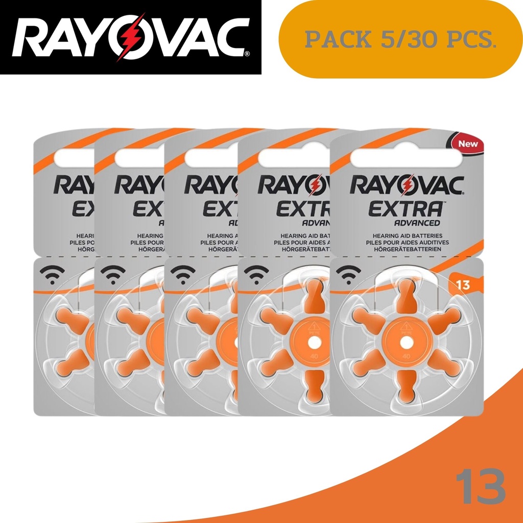 5แพค30ก้อน ถ่านเครื่องช่วยฟัง เบอร์13 RayovacExtra A13 Pr48 ใส่เครื่องช่วยฟังแท้ HearingAidBatteries