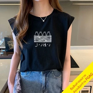 เสื้อยืดแขนกุดผู้หญิง Oversize เสื้อผ้าแฟชั่นวัยรุ่นน่ารัก สไตล์เกาหลี ลายสตรีท สวมใส่สบาย สีขาว M-XXL