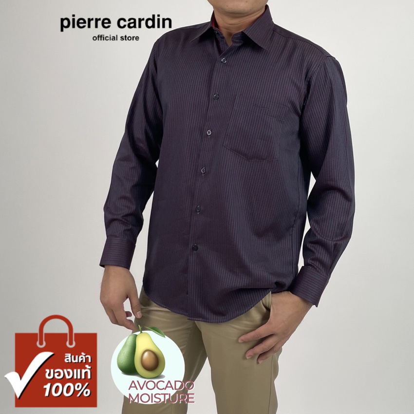 Pierre Cardin เสื้อเชิ้ตแขนยาว Avocado Moisture Basic Fit รุ่นมีกระเป๋า ผ้า Cotton 100% [RCT4639-MR]