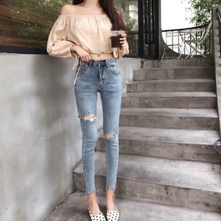 Chic High Waist Elastic Hole Jeans