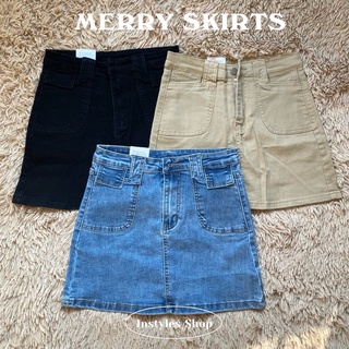 instyles_shop✨merry skirts | กระโปรงยีนส์ทรงเอผ้ายืดเอวสูง กระโปรงยีนส์ผู้หญิง สไตล์เกาหลี กระโปรงยีนส์สั้น