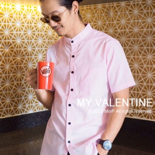 My Valentine เสื้อ เชิ้ต Oxford คอจีน / คอปก แขนสั้น สี ชมพู