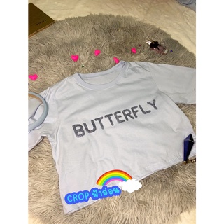 (ลด 50 ใส่โค้ด UNICBTF) Butterfly เสื้อยืด เสื้อครอปคอกลมทรงoversize (สีฟ้า -Blue- ลายสรีนกลิตเตอร์สีเงิน) พร้อมส่ง