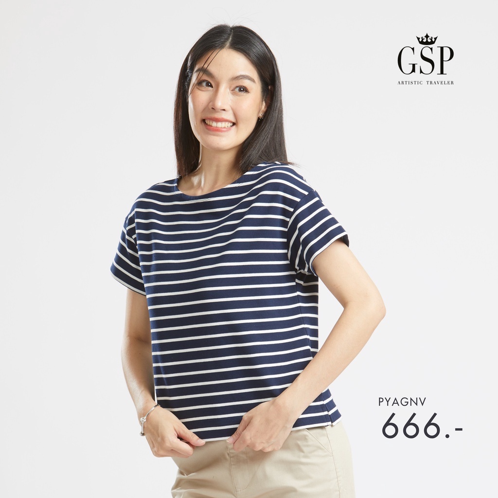 GSP woman's Tee shirt Lucky stripes เสื้อยืด แขนสั้น สีกรมริ้วขาว PYAGNV