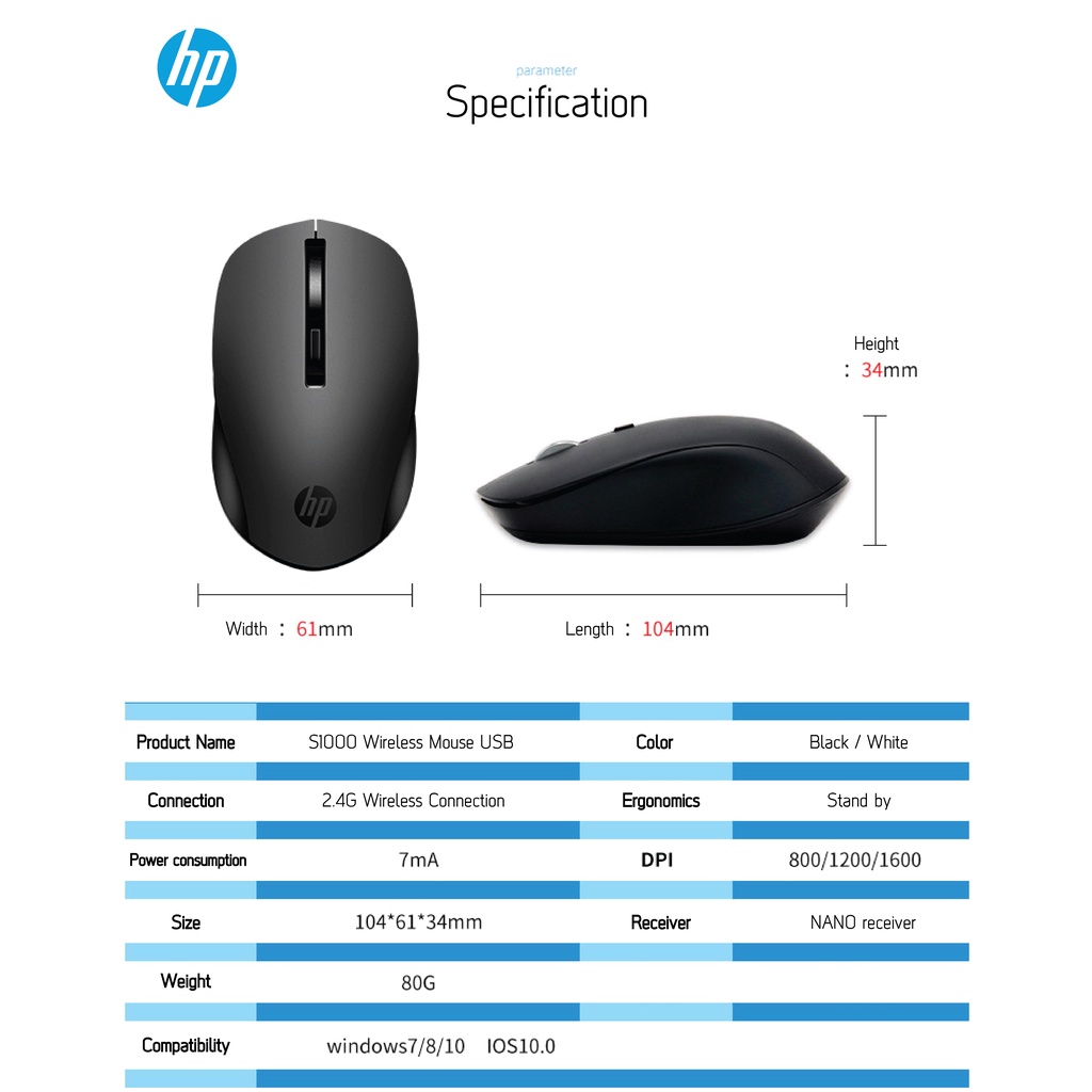 ของแท้ & พร้อมส่ง!!! เมาส์ไร้สาย ไร้เสียงคลิก HP (Hewlett-Packard) S1000 Silent Mouse USB Wireless Mouse 1600DPI USB รูปที่ 7