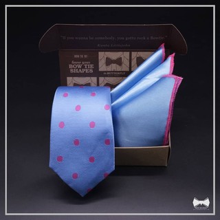 เซ็ทเนคไทฟ้าลายจุดชมพู + ผ้าเช็ดหน้าสูท-Silk Blend Necktie+ pocket square