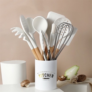 White Silicone Kitchenware Cooking Tool Utensils Set With Wooden Multifunction Handle Non-Stick Spatula Ladle Beaters