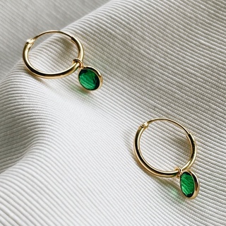 12mm Green CZ Dangle Hoops, 18K Gold Plated Sterling Silver Earrings E0079 | เงินแท้ 925 ชุบทองเเท้ 18 กะรัต