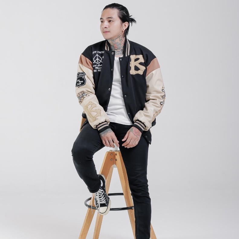 Varsity Jacket BLACK CREAM Premium Mens Varsity Jacket BLACK Nascar Varsity Baseball Jacket Vintage 