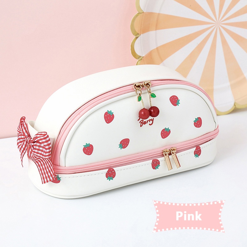 กระเป๋าดินสอ หนัง PU ขนาดใหญ่ จุของได้เยอะ แบบพกพา ลายสตรอเบอร์รี่ เชอร์รี่ เหมาะกับสํานักงาน และโรงเรียน สําหรับนักเรียน
