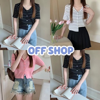 OFF SHOP พร้อมส่ง (OFF-91050) เสื้อครอปไหมพรม แขนสั้นคอปกน่ารักดีเทลลายทางคิ้วๆ