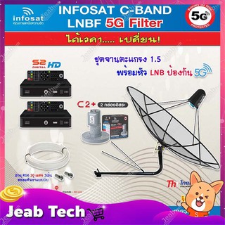 Thaisat C-Band 1.5M (ขางอยึดผนัง 150 cm.มีก้านช่วยยึด) + infosat LNB 2จุด รุ่น C2+ (5G) + PSI S2 +สายRG6 20 m.x2