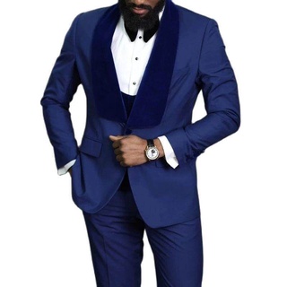 Royal Blue เจ้าบ่าว Tuxedos สำหรับงานแต่งงานกับ Velvet Shawl Lapel Slim Fit
