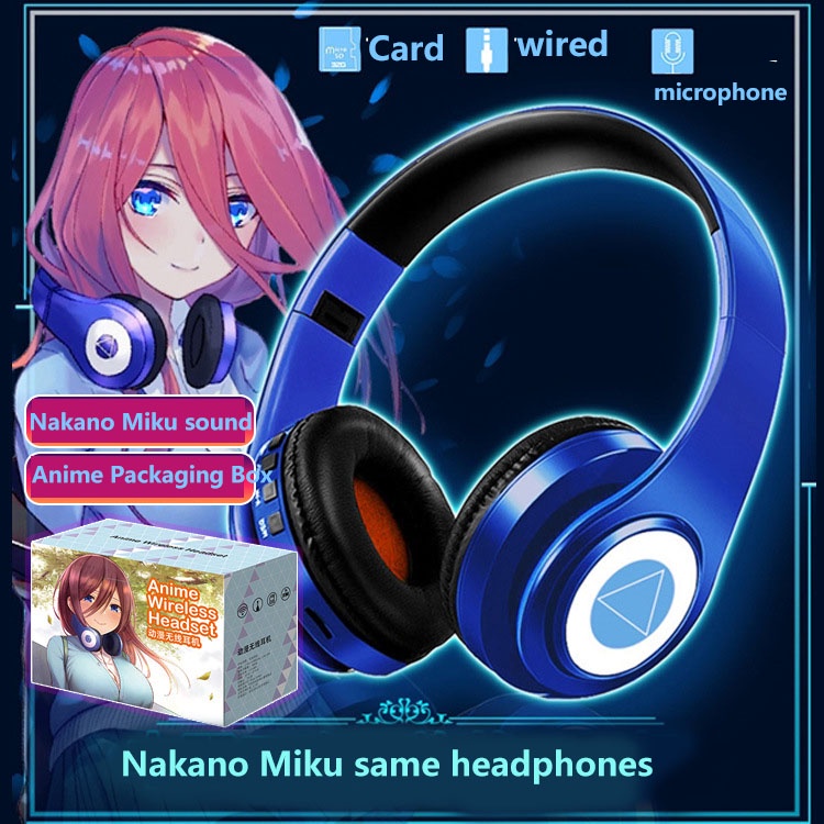 Nakano Miku อะนิเมะชุดหูฟังบลูทูธสีสันสดใสชุดหูฟังแบบพับได้ Plug-in Card ไมโครโฟนแบบมีสาย