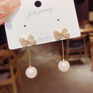 Jewtrendy - ต่างหูเจาะโบว์คริสตัลระย้าประดับมุก Bowknot Tassel Pearl ก้านเงิน925