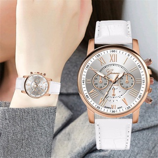 Geneva นาฬิกาข้อมือสายหนังผู้หญิงเลขโรมัน Faux สายหนัง Analog Quartz