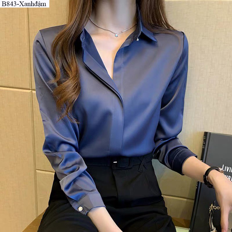 เสื้อเชิ้ตสํานักงานผู้หญิงสไตล์เกาหลีสวยๆกระดุมซ่อนคู่วัสดุนุ่มและเท่ ลาโม-ข843