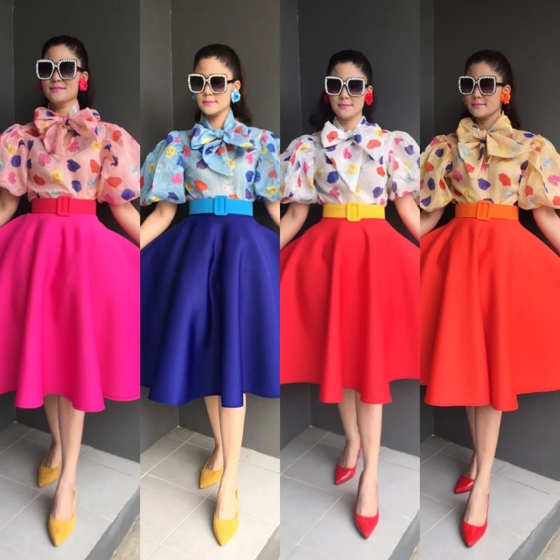 ชุดเซตเสื้อแขนพองคอผูก ชุดย้อนยุค ชุดทองกวาว (ครบเซต)