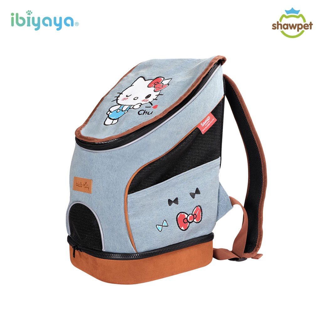 Ibiyaya กระเป๋าใส่สุนัข กระเป๋าใส่สัตว์เลี้ยง Hello Kitty Denim Fun Lightweight Pet Backpack รับน้ำห