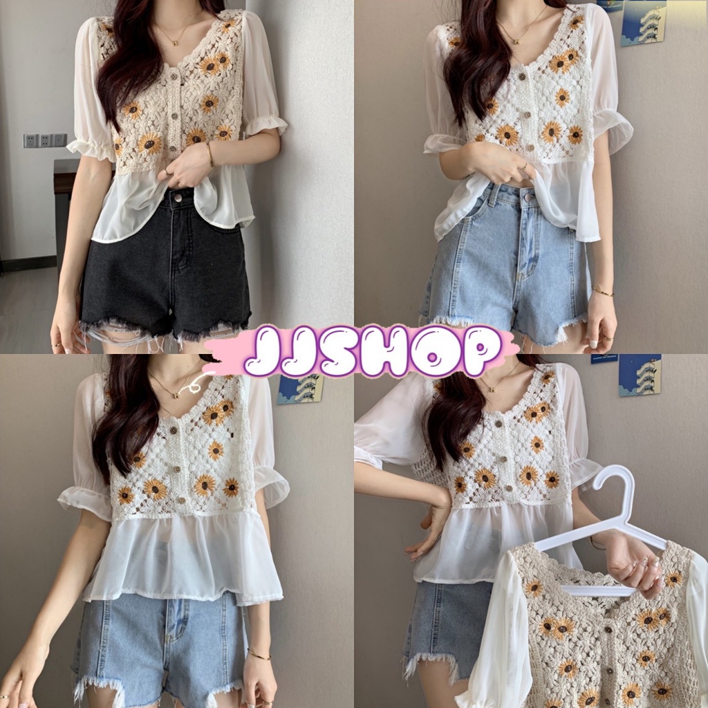 JJ Shop​ ​พร้อมส่ง เสื้อถักไหมพรมแขนชีฟอง ลายดอกไม้ทานตะวันน่ารักผ้านิ่ม "1968-1"