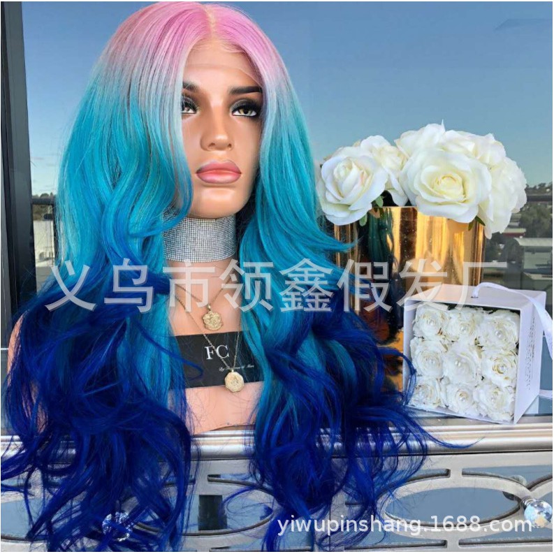 European And American Ladies With Long Curly Hair Half Dyeing Multi Color Gradient Chemical Fiber Wig Black And Blue Big Wavy Fluffy Curls Shopee Thailand