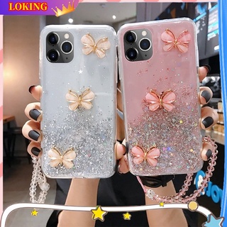 เคสโทรศัพท์มือถือซิลิโคน ลายผีเสื้อ 3D แต่งกลิตเตอร์ วิบวับ พร้อมสายคล้อง สําหรับ Huawei P60 P50 P40 P30 P20 Pro