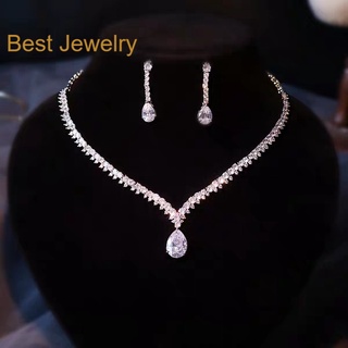 Best Jewelryเซ็ตสร้อยคอต่างหู แบบเพชร CZ เกรด 8A Cubic Zirconia ต่างหูสร้อยคอชุดสำหรับงานแต่งงานเจ้าสาวชุดแต่งงาน