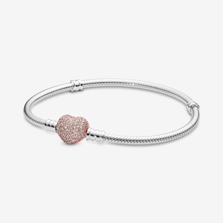 [พร้อมส่ง สินค้าแท้ 💯 ] สร้อยข้อมือหัวใจโรส CZ Pandora Pandora Moments Pavé Heart Clasp Snake Chain Bracelet