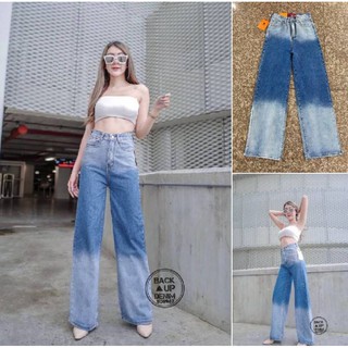 Light Blue  high-waist gradient jeans กางเกงเอวสูงขากระบอกตรง แต่งสีฟอก Two tone ไล่ระดับเชดสี 3ขั้น