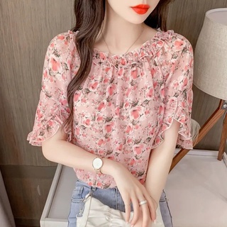 J &amp; M❤Korean style fashion trend off shoulder short sleeve blouse women floral chiffon tops casual loose print ladies shirt