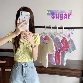 Sugar🌈พร้อมส่ง🌈เสื้อครอป คอเหลี่ยม แขนสั้น ลายผ้ายับ เบาบางใส่สบาย(19007)